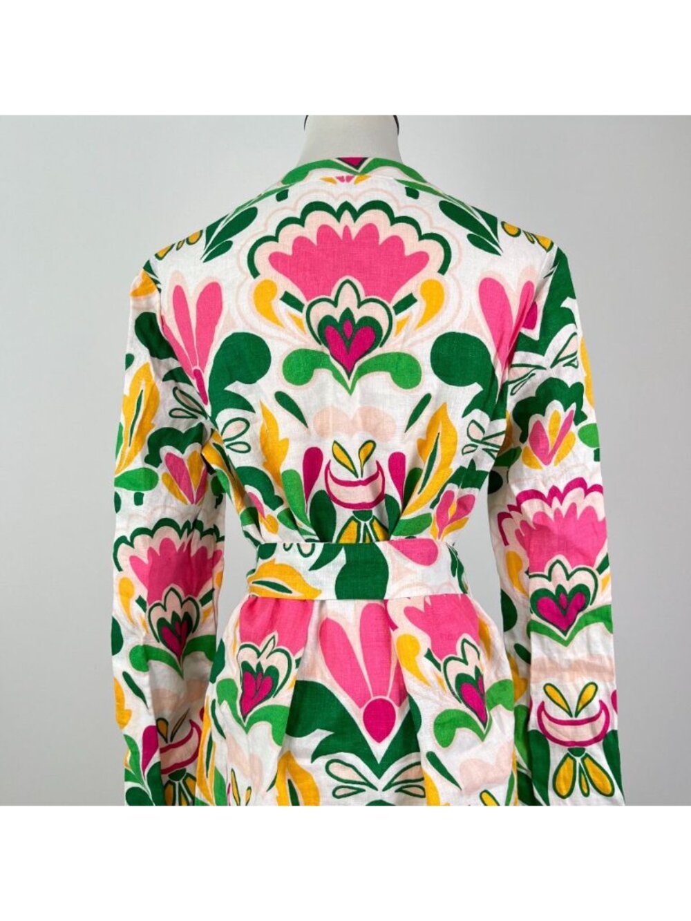 NWOT Boden Green Pink Cleo Linen Tie Waist Dress Multicolor V-Neck Size 8L - Picture 7 of 13